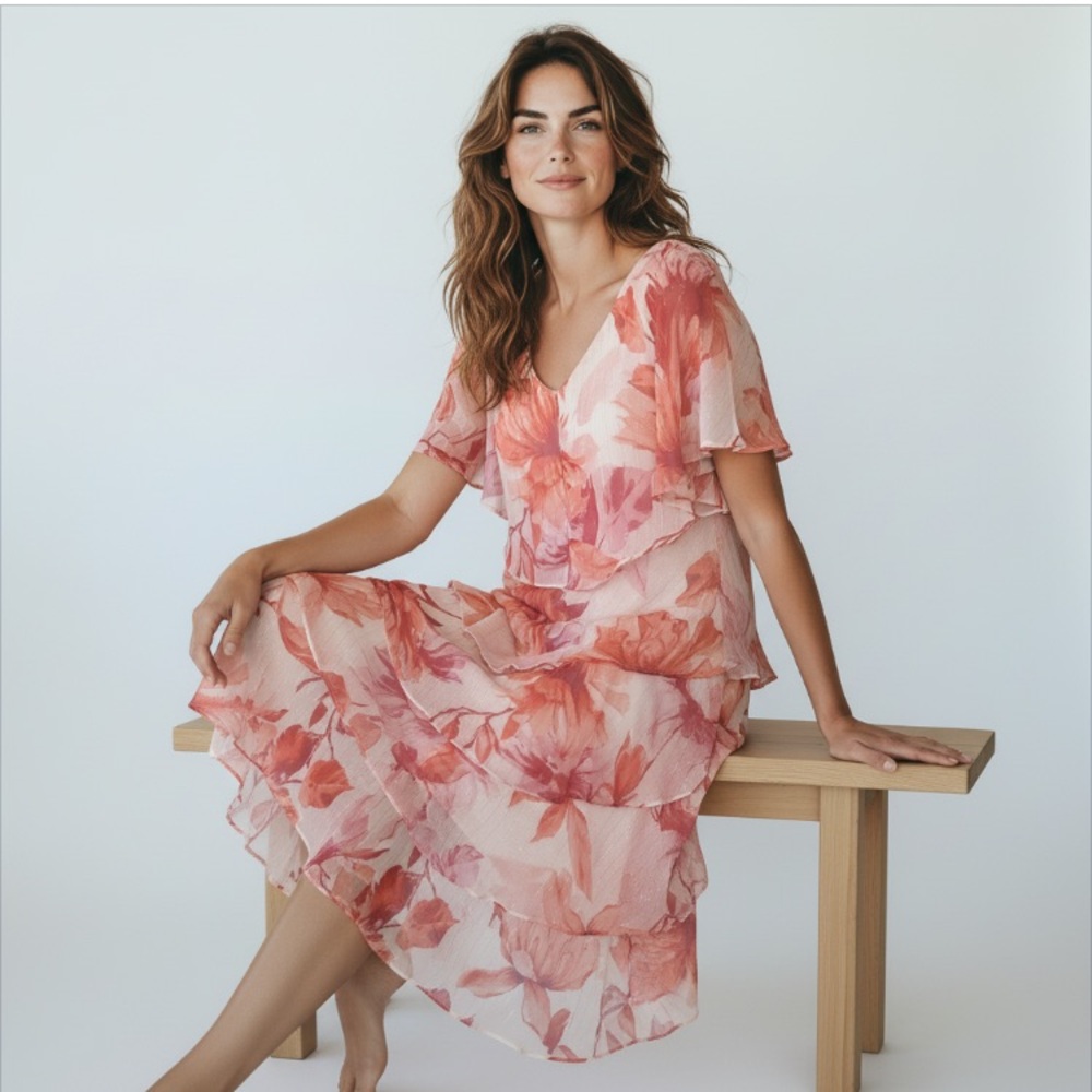 Ignite Evenings Women’s Pink Coral Floral Tiered V-Neck Dress Size 14